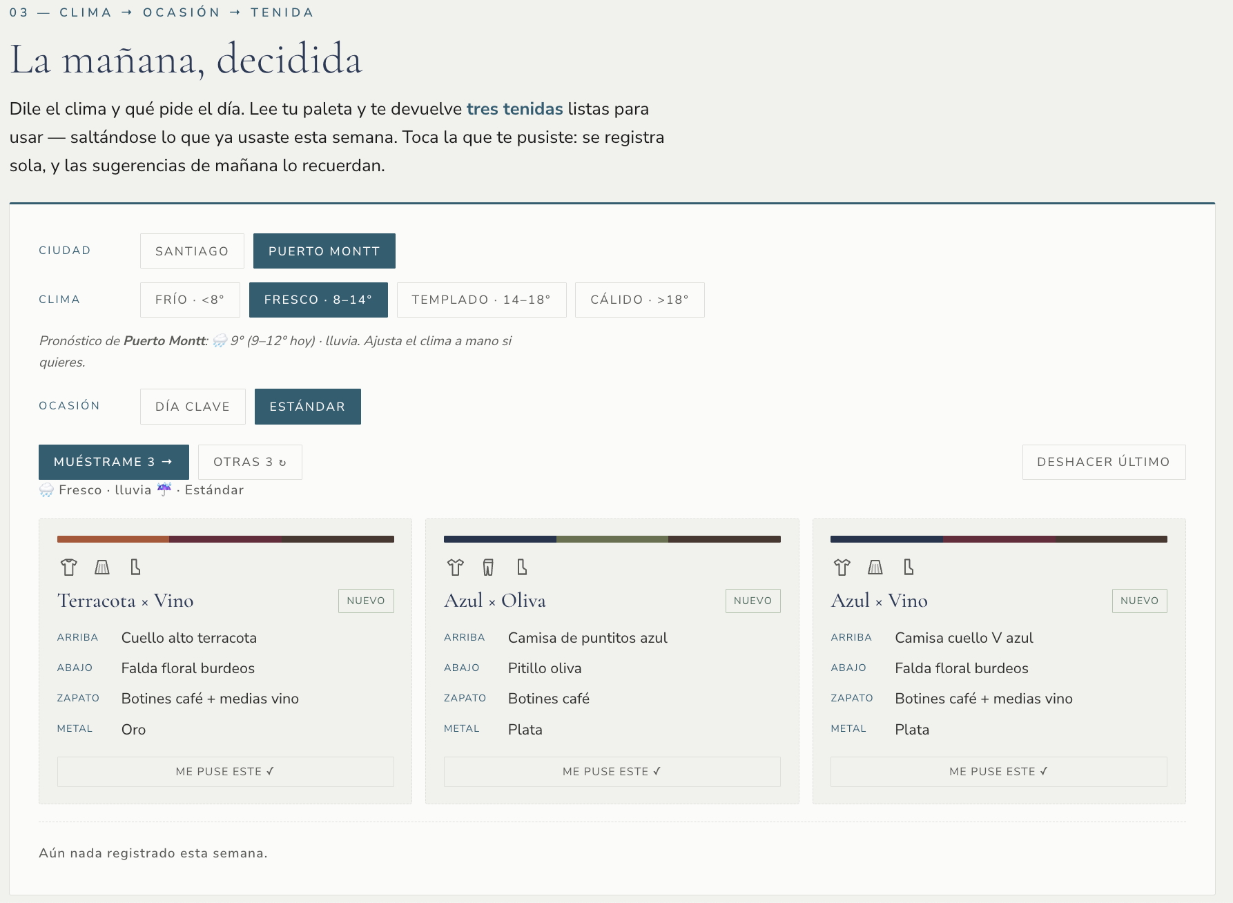 FIT proponiendo tres tenidas de Día clave a partir del pronóstico del día, cada una con una combinación distinta